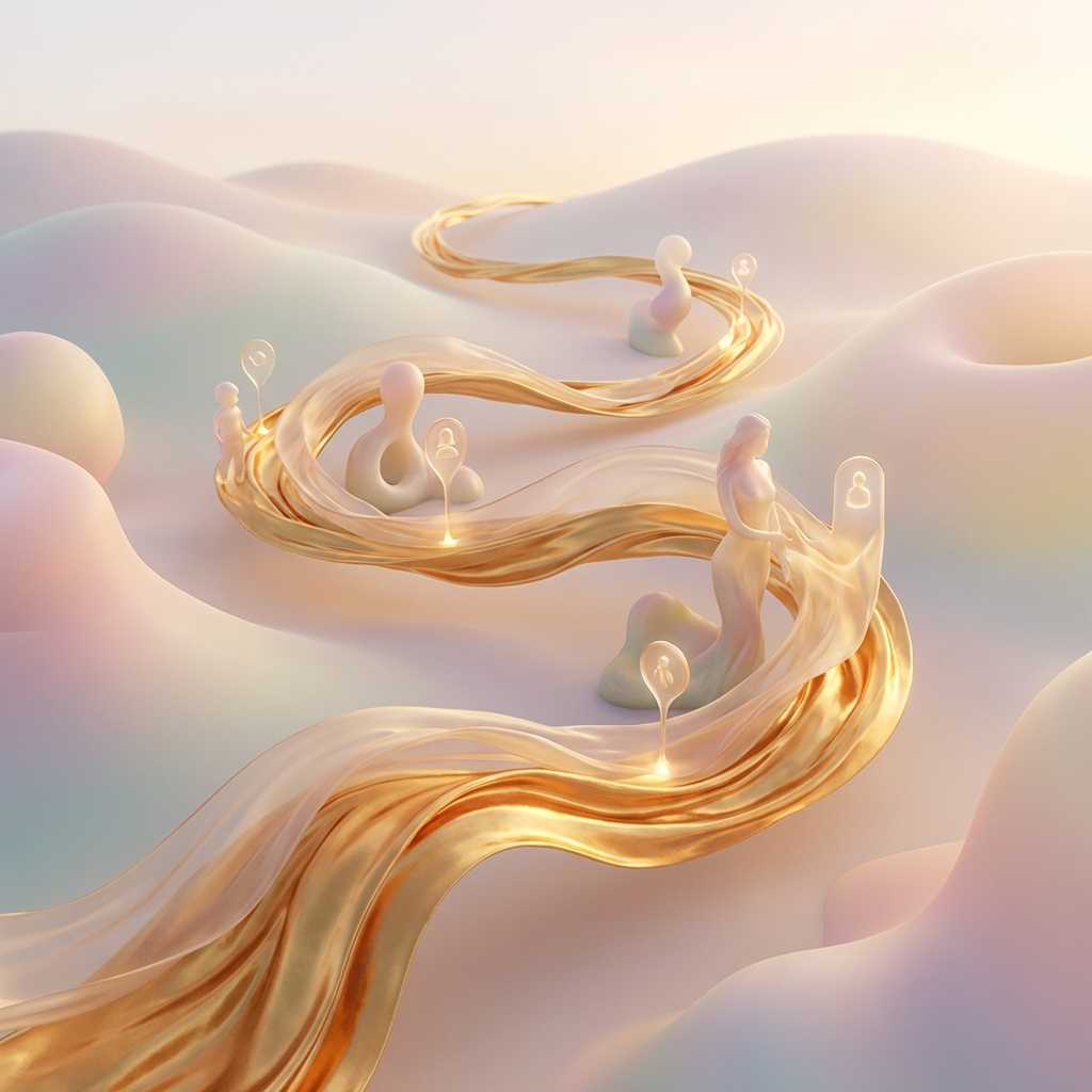 Linha do tempo fluida e dourada percorrendo uma paisagem serena, representando os estágios da vida feminina.