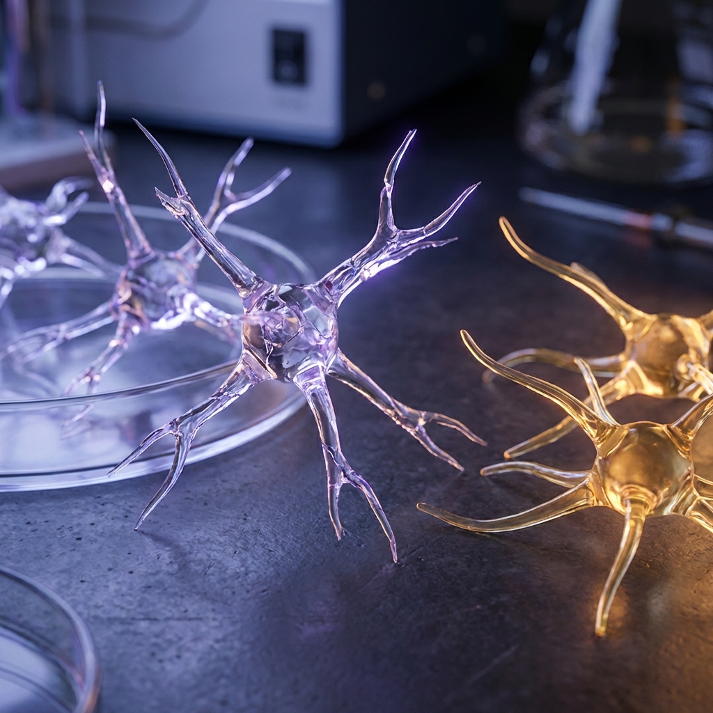 Representação microscópica de neurônios sob estresse, com iluminação violeta fria contrastando com áreas saudáveis.