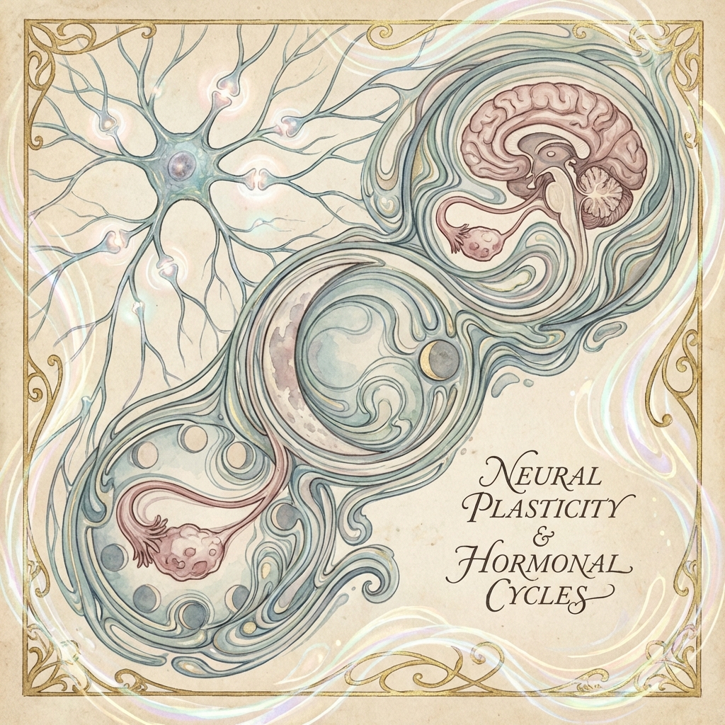 Ilustração artística mostrando a interconexão entre ciclos hormonais e plasticidade neural ao longo das fases da vida da mulher.