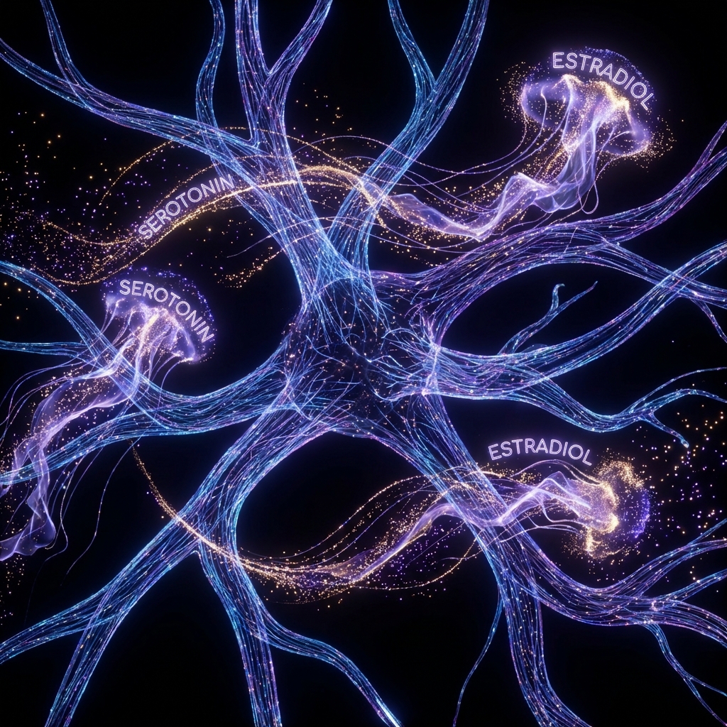 Visualização abstrata de redes neurais brilhantes, representando a interação dinâmica entre estradiol e serotonina no cérebro.